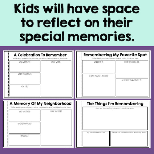 Four booklets for helping kids with reflecting on special memories, on a light green and purple background.
