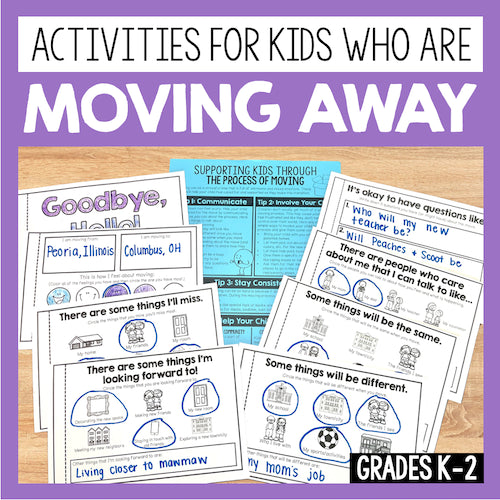 Educational materials for kids who are moving, displayed on a wooden surface with a purple border.