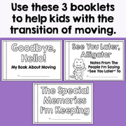 Three booklets for helping kids with the transition of moving on a purple background.