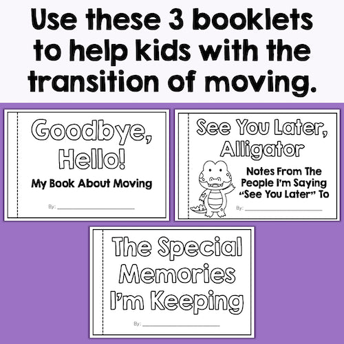 Three booklets for helping kids with the transition of moving on a purple background.