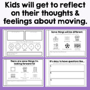 Educational worksheets for children to reflect on their thoughts and feelings about moving, with a purple border and text overlay.