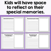Pages from a book or workbook with prompts for children to reflect on special memories, on a purple background.