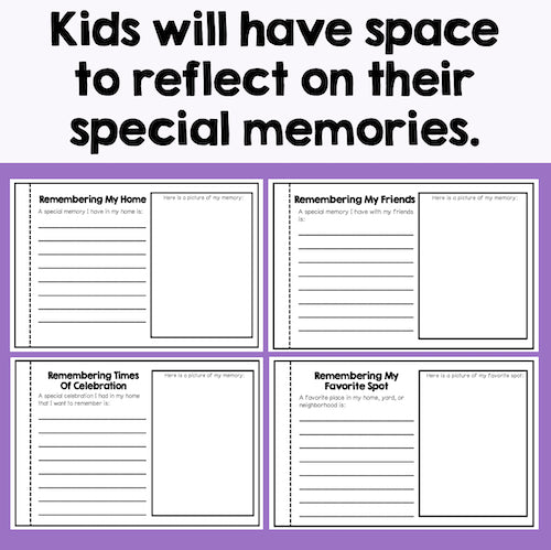 Pages from a book or workbook with prompts for children to reflect on special memories, on a purple background.