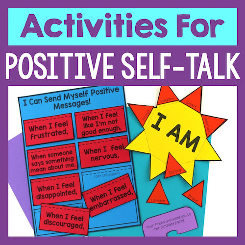 Educational materials for positive self-talk with colorful cards and a star-shaped sign.