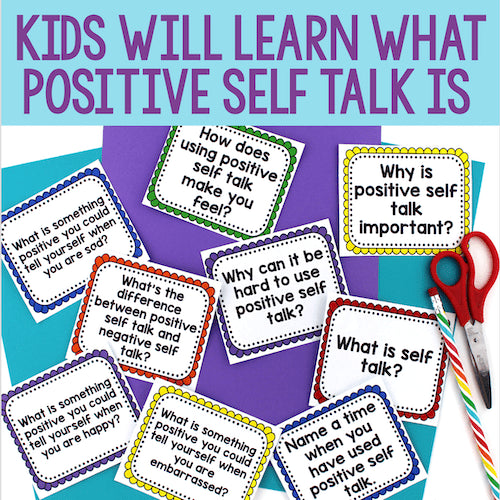 Educational cards about positive self-talk with colorful borders and text, scissors, and a ruler on a blue and purple background.