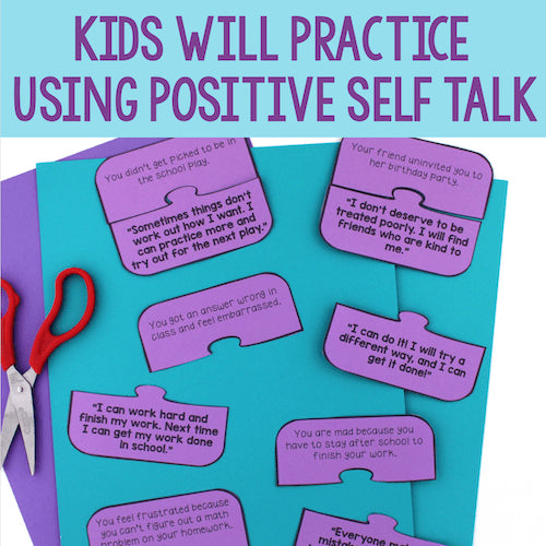 Purple speech bubble cards with positive affirmations on a blue background with scissors.