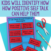 Educational material on positive self-talk with colorful cards and scissors on a blue background
