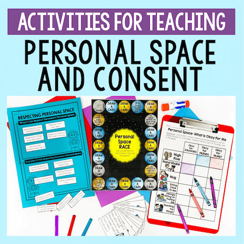 Educational materials for teaching personal space and consent on a light blue background