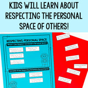Educational materials on respecting personal space with text and illustrations.