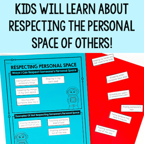 Educational materials on respecting personal space with text and illustrations.