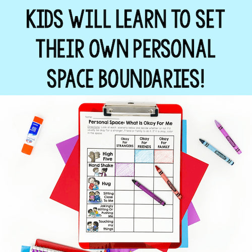 Clipboard with a personal space boundary worksheet on a colorful background with markers and crayons.