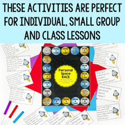 Educational materials including a game box and cards on a light blue background with text about activities for different lesson types.