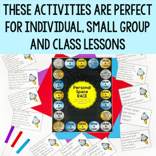 Educational materials including a game box and cards on a light blue background with text about activities for different lesson types.