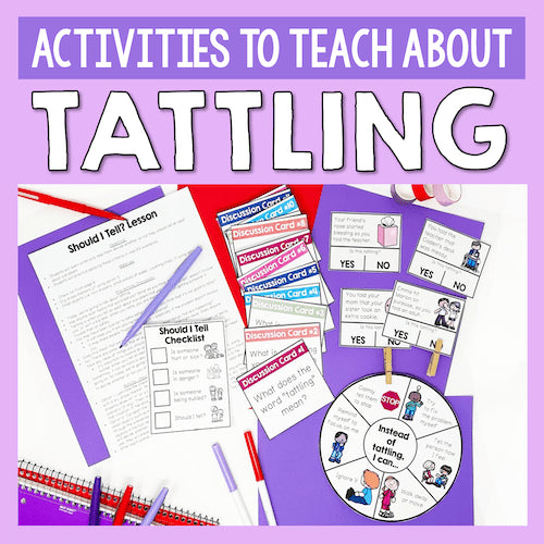 Educational materials and activities to teach about tattling on a purple background