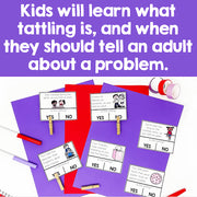 Educational materials for teaching children about tattling and when to tell an adult, with cards and markers on a purple background.