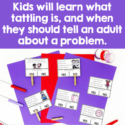 Educational materials for teaching children about tattling and when to tell an adult, with cards and markers on a purple background.