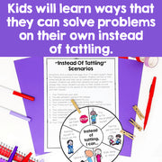 Educational material for children on problem-solving instead of tattling, with text and illustrations on a purple background.