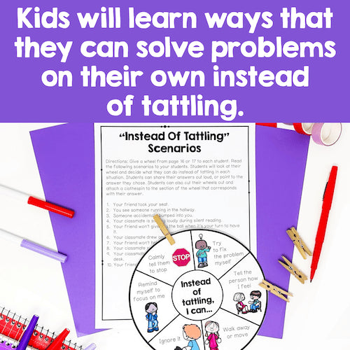 Educational material for children on problem-solving instead of tattling, with text and illustrations on a purple background.