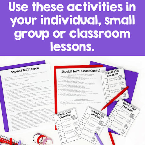 Educational materials with worksheets and text on a purple background