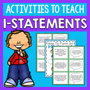 Educational material for teaching I-statements with a cartoon boy and text examples on a blue background.