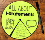 Educational material on I-statements with a pen on a wooden surface