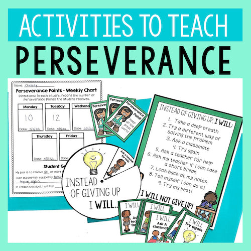 Educational materials for teaching perseverance with activities, charts, and cards on a teal background.