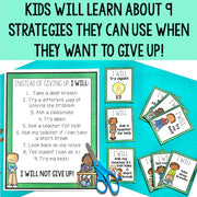 Educational materials for teaching kids strategies to avoid giving up, including cards and a poster.
