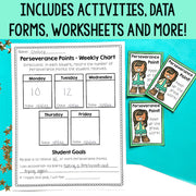 Educational materials including a chart and cards for perseverance points on a blue background