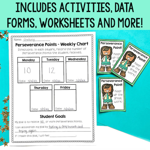 Educational materials including a chart and cards for perseverance points on a blue background