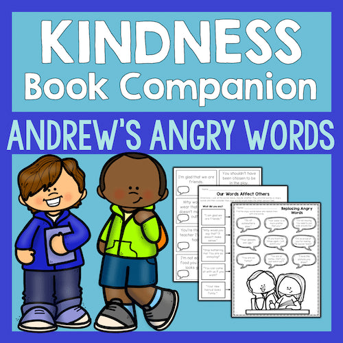 Book companion for 'Andrew's Angry Words' with two cartoon children and educational materials on a blue background.