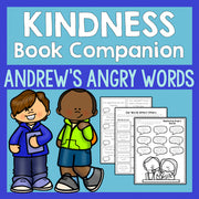Book companion for 'Andrew's Angry Words' with two cartoon children and educational materials on a blue background.