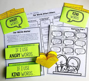 Educational materials on using kind and angry words with illustrations and text.