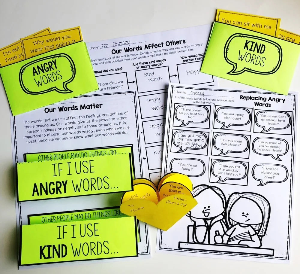 Educational materials on using kind and angry words with illustrations and text.