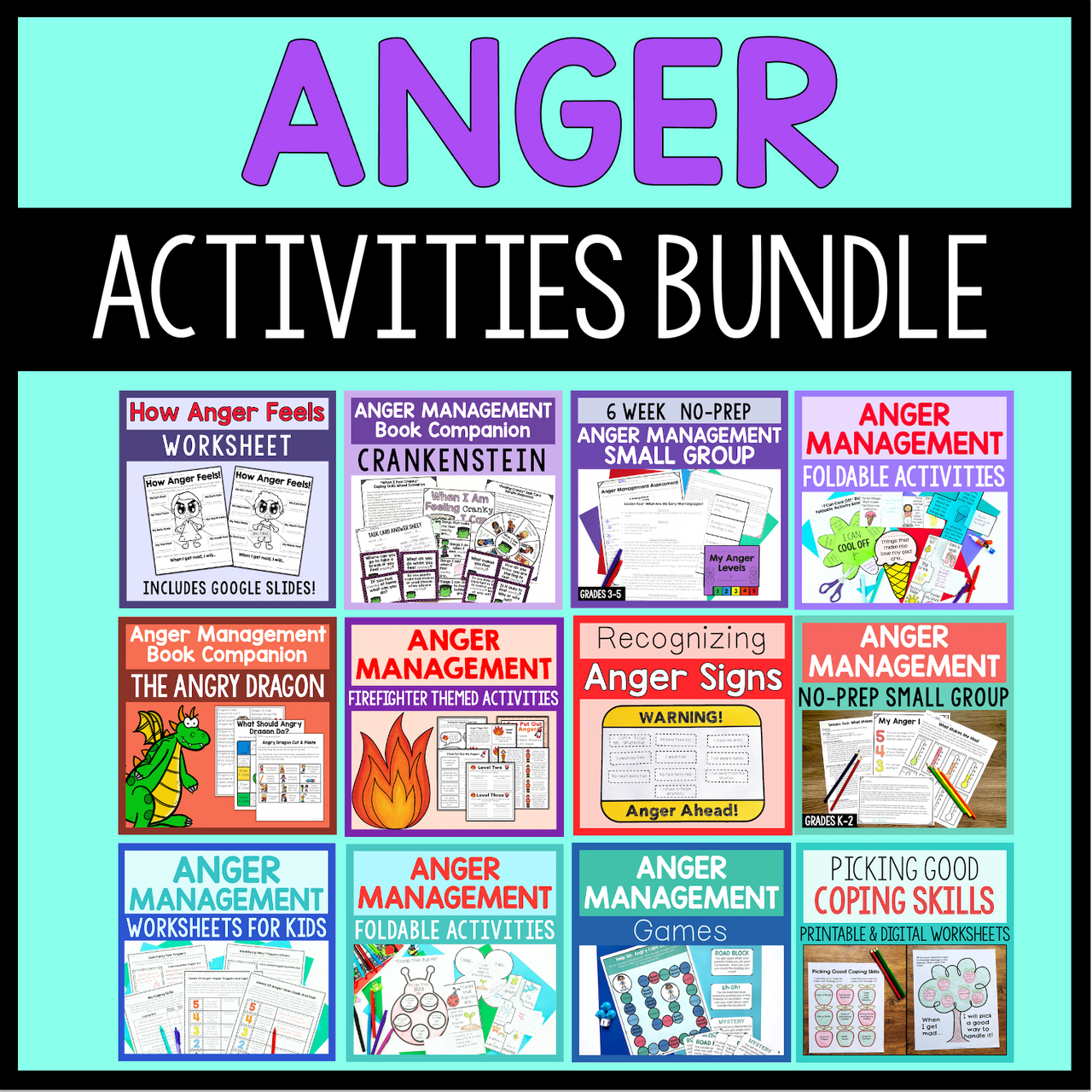 Anger management activities bundle with colorful covers and text on a blue background