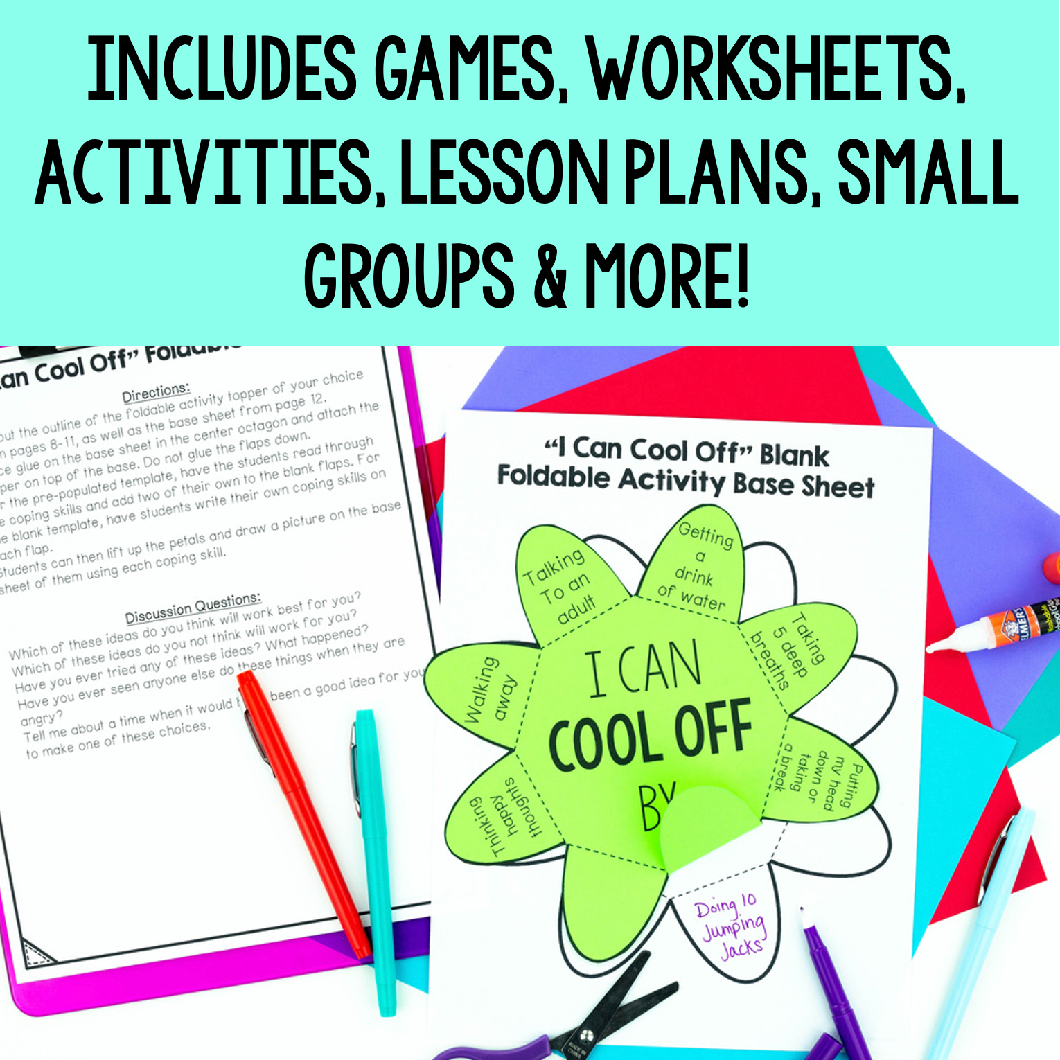 Educational materials including a 'Can Cool Off' activity sheet with stationery items on a colorful background.