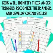 Educational materials for identifying anger triggers and coping skills on a colorful background