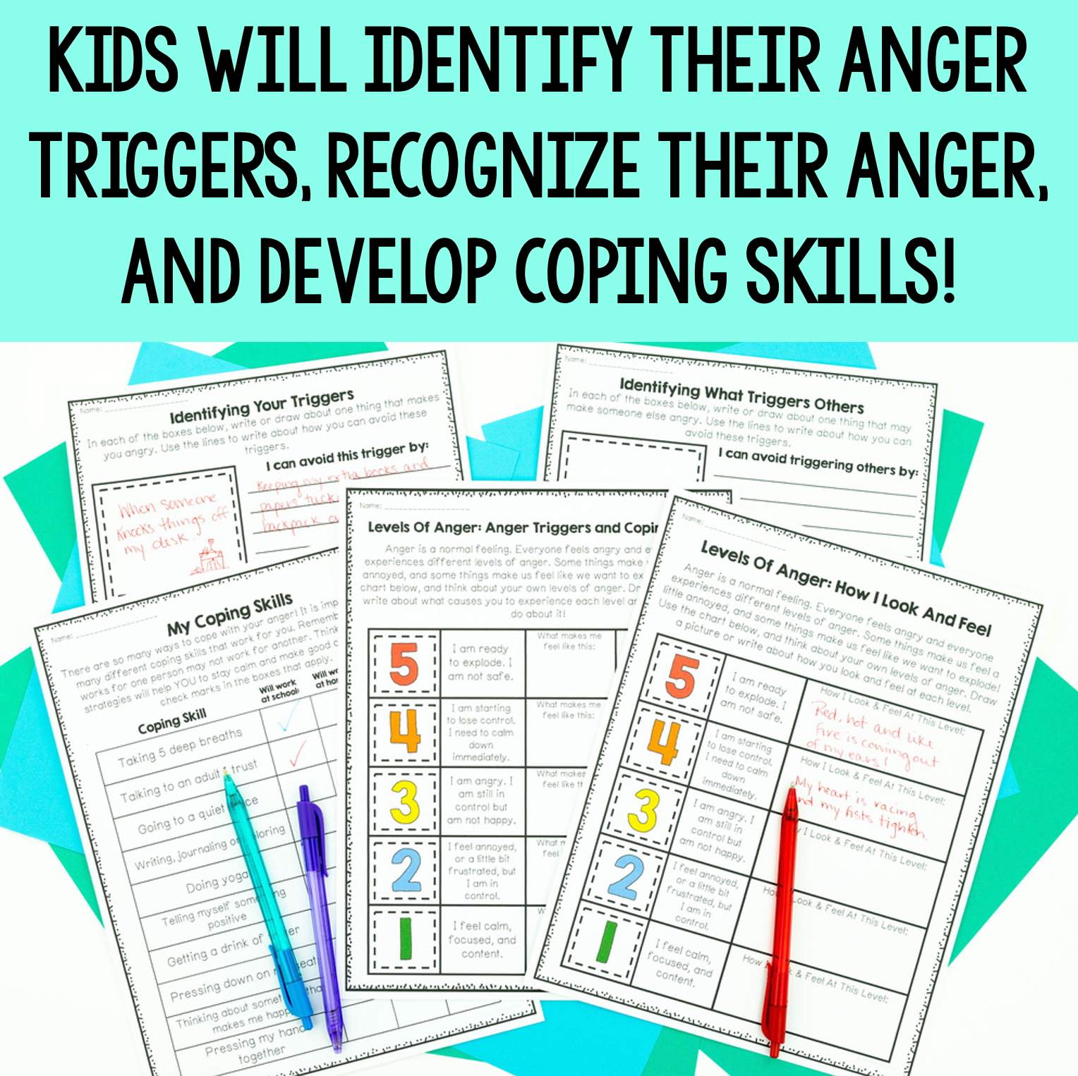 Educational materials for identifying anger triggers and coping skills on a colorful background