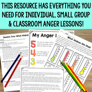 Educational materials for anger management lessons on a wooden surface with text overlay.