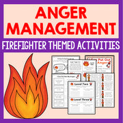Anger management activities with a firefighter theme on a purple border