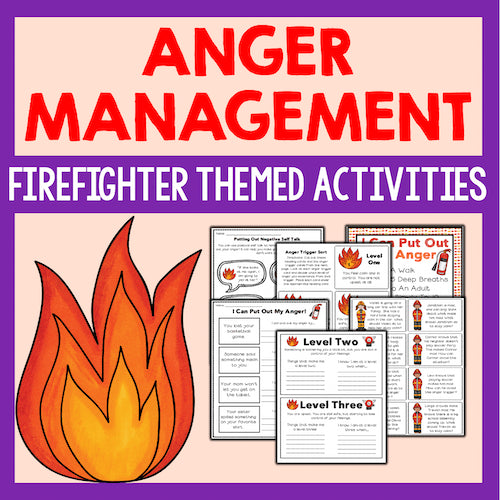 Anger management activities with a firefighter theme on a purple border