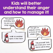 Educational puzzle pieces with fire-themed illustrations and text on a purple background