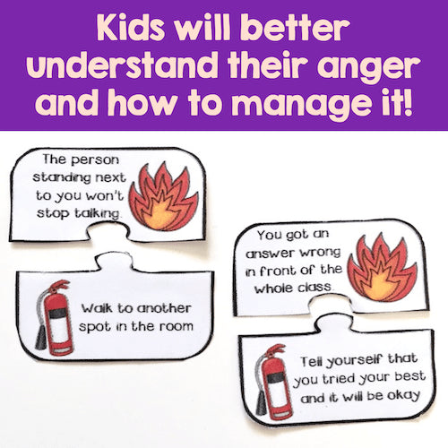Educational puzzle pieces with fire-themed illustrations and text on a purple background