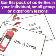 Educational cards with fire extinguisher illustrations and text on a white background