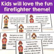 Educational materials with firefighter-themed scenarios for children on a purple background