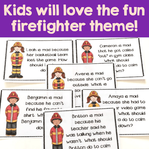 Educational materials with firefighter-themed scenarios for children on a purple background