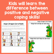 Educational activity sheets for kids on coping skills with an angry dragon theme.