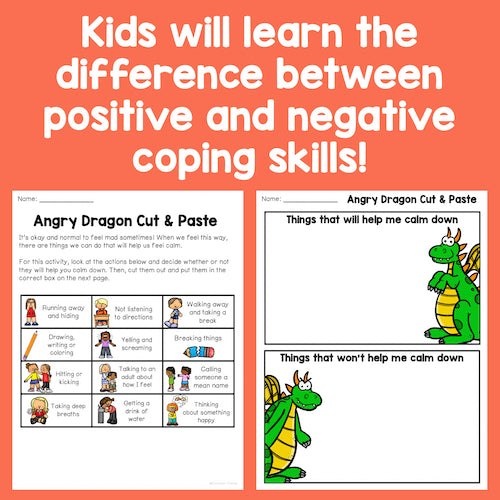 Educational activity sheets for kids on coping skills with an angry dragon theme.