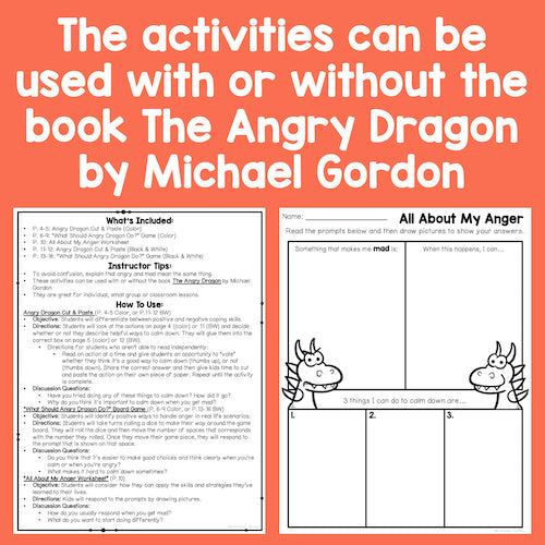 Educational materials for anger management activities with 'The Angry Dragon' by Michael Gordon on an orange background.