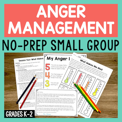 Anger management worksheets for small groups on a wooden surface with colored pencils.