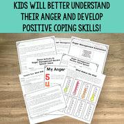 Educational materials on anger management on a wooden surface with a teal background